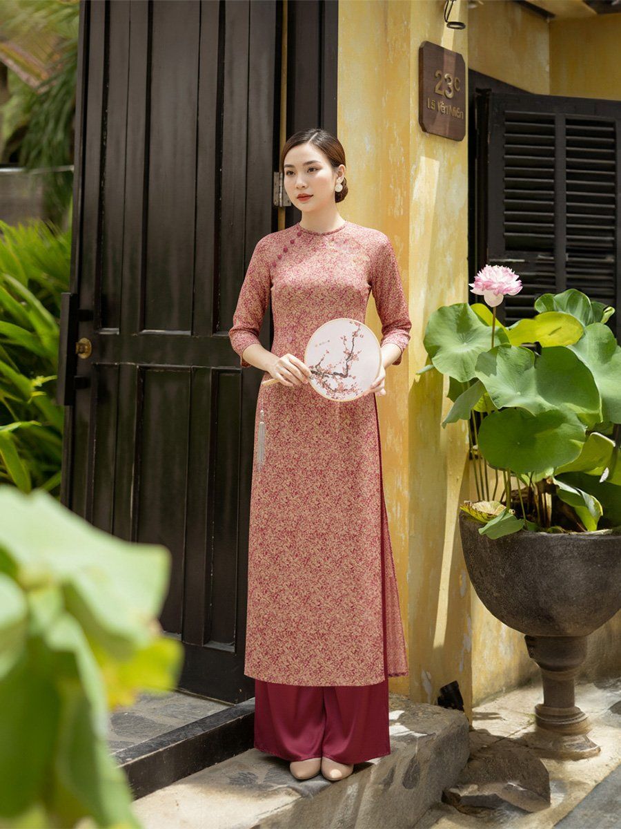  HẠNH - Set Bộ áo dài cổ tròn kết nút bọc tay dài chất liệu gấm 25419/5.199 