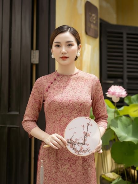  HẠNH - Set Bộ áo dài cổ tròn kết nút bọc tay dài chất liệu gấm 25419/5.199 