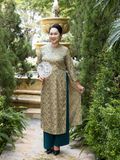  Hạnh - Bộ áo dài thiết kế cổ tròn đính kết hạt chất liệu gấm in họa tiết hoa 25420/5.334/5.351 