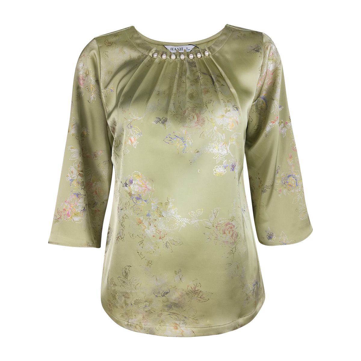  Hạnh - Áo kiểu trung niên cổ tròn kết hạt châu chất liệu lụa in họa tiết hoa 1432/4.586 