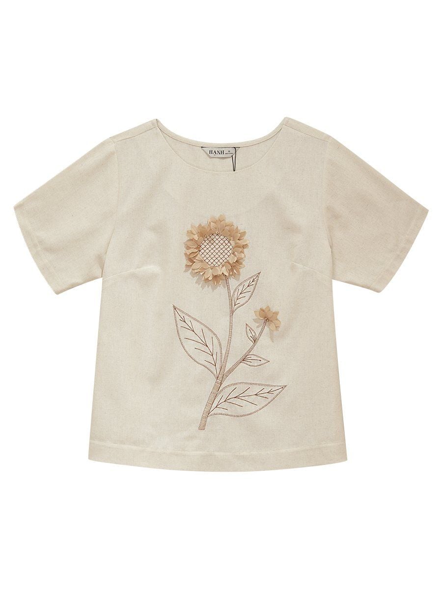  Hạnh - Áo kiểu trung niên cổ tròn tay ngắn chất liệu linen thêu họa tiết 3413/5.285 