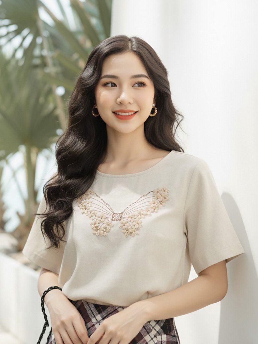  Hạnh - Áo kiểu trung niên cổ tròn tay ngắn chất liệu linen thêu họa tiết 3413/5.289 