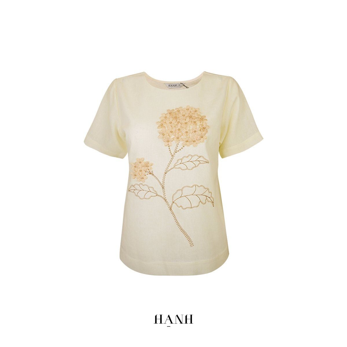  Hạnh Áo cổ tròn thêu họa tiết thêu và đính bông, tay ngắn  3413/5.331/5.314/5.417 