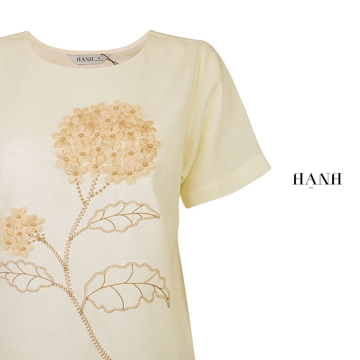  Hạnh Áo cổ tròn thêu họa tiết thêu và đính bông, tay ngắn  3413/5.331/5.314/5.417 