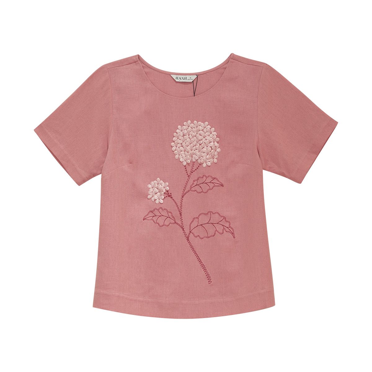  Hạnh Áo cổ tròn thêu họa tiết thêu và đính bông, tay ngắn  3413/5.331/5.314/5.417 