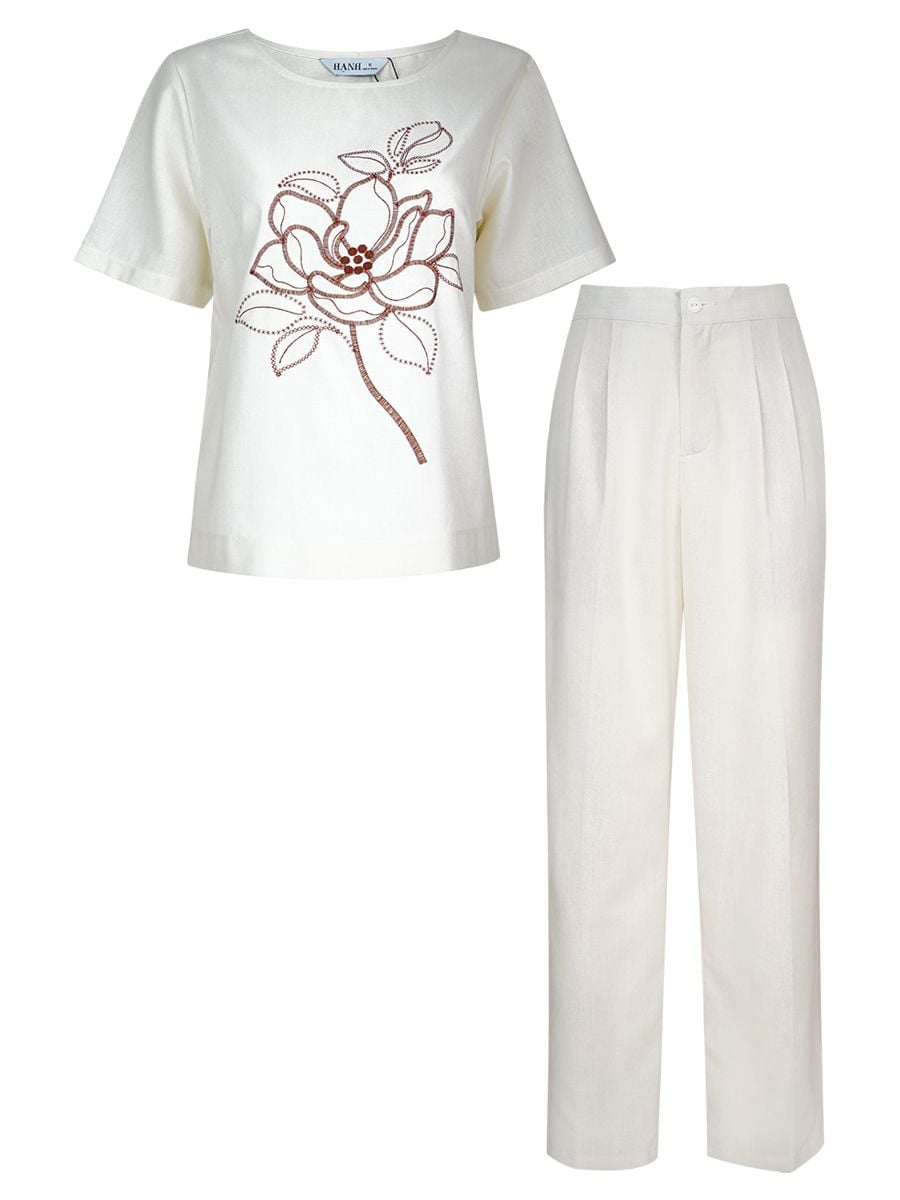  HẠNH - Bộ quần dài cổ tròn tay ngắn chất liệu linen thêu họa tiết 3413/5.454 