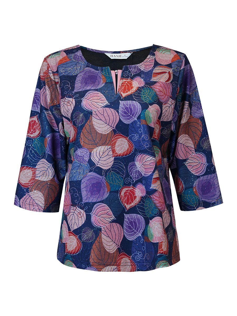  HẠNH - Áo kiểu cổ tròn, tay lỡ chất liệu thun cotton in họa tiết lá 3455/5.459 