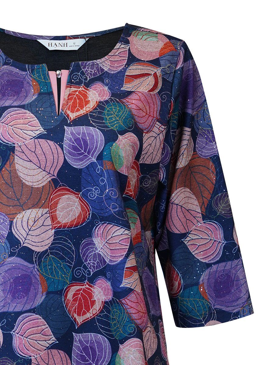  HẠNH - Áo kiểu cổ tròn, tay lỡ chất liệu thun cotton in họa tiết lá 3455/5.459 