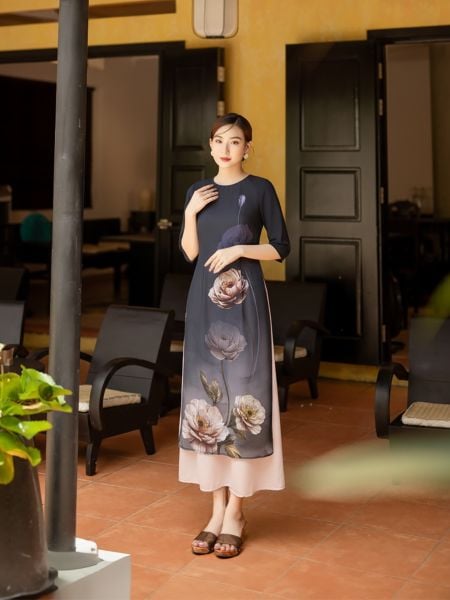  HẠNH -  Đầm dài Hạnh cổ tròn 2 tà in họa tiết, tay lỡ 3638/5.370 