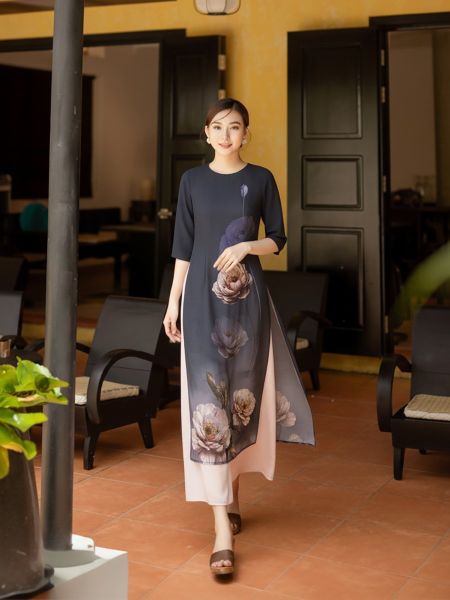  HẠNH -  Đầm dài Hạnh cổ tròn 2 tà in họa tiết, tay lỡ 3638/5.370 