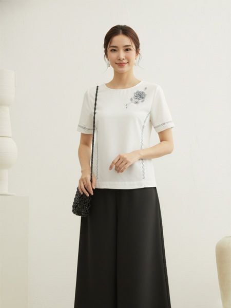  HẠNH - Áo kiểu cổ tròn tay ngắn kết hoa chất liệu Linen 4403/5.175 