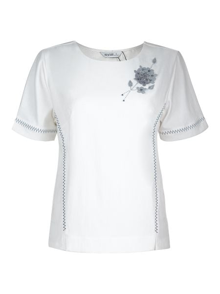  HẠNH - Áo kiểu cổ tròn tay ngắn kết hoa chất liệu Linen 4403/5.175 