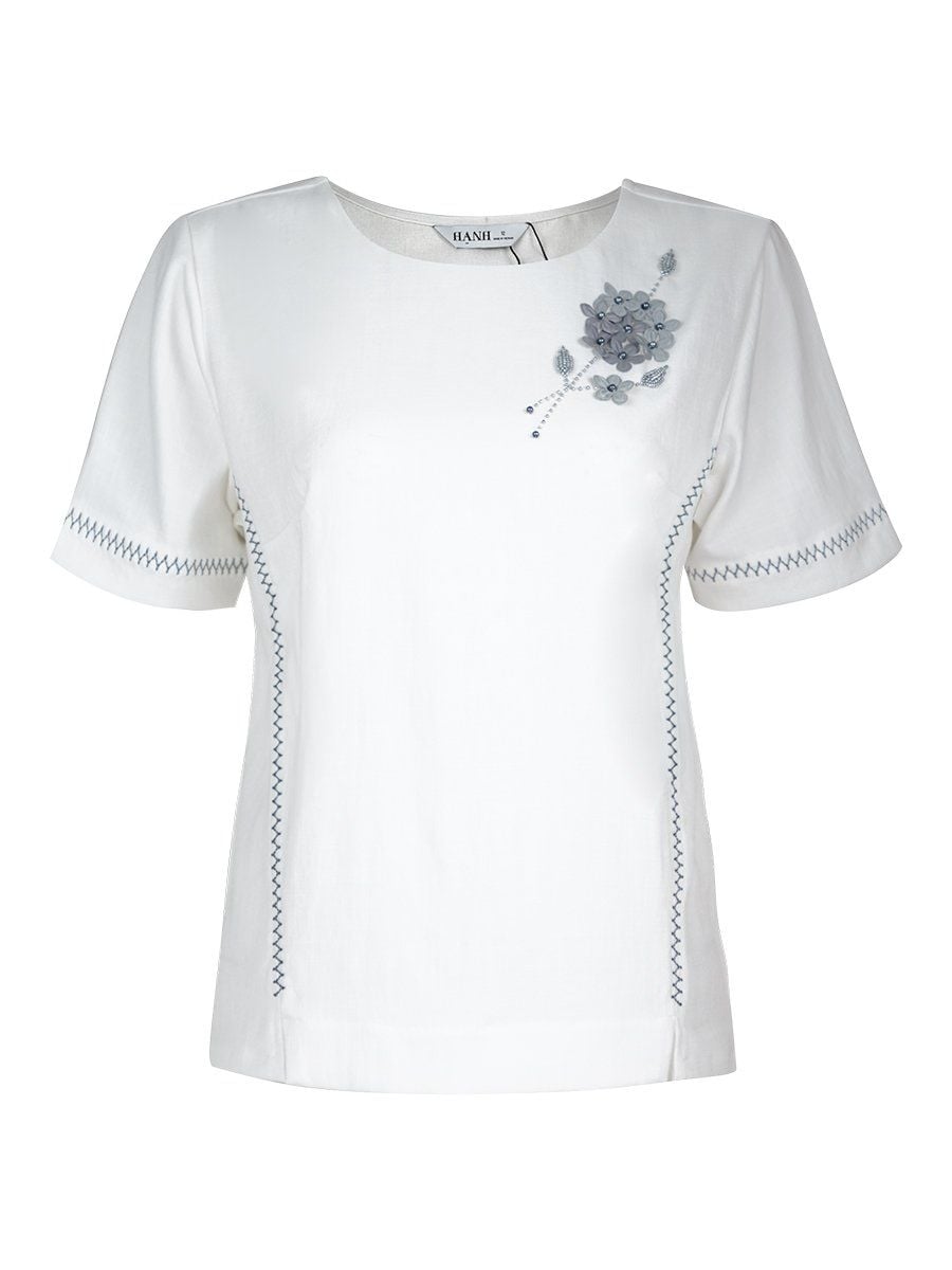  HẠNH - Áo kiểu cổ tròn tay ngắn kết hoa chất liệu Linen 4403/5.175 
