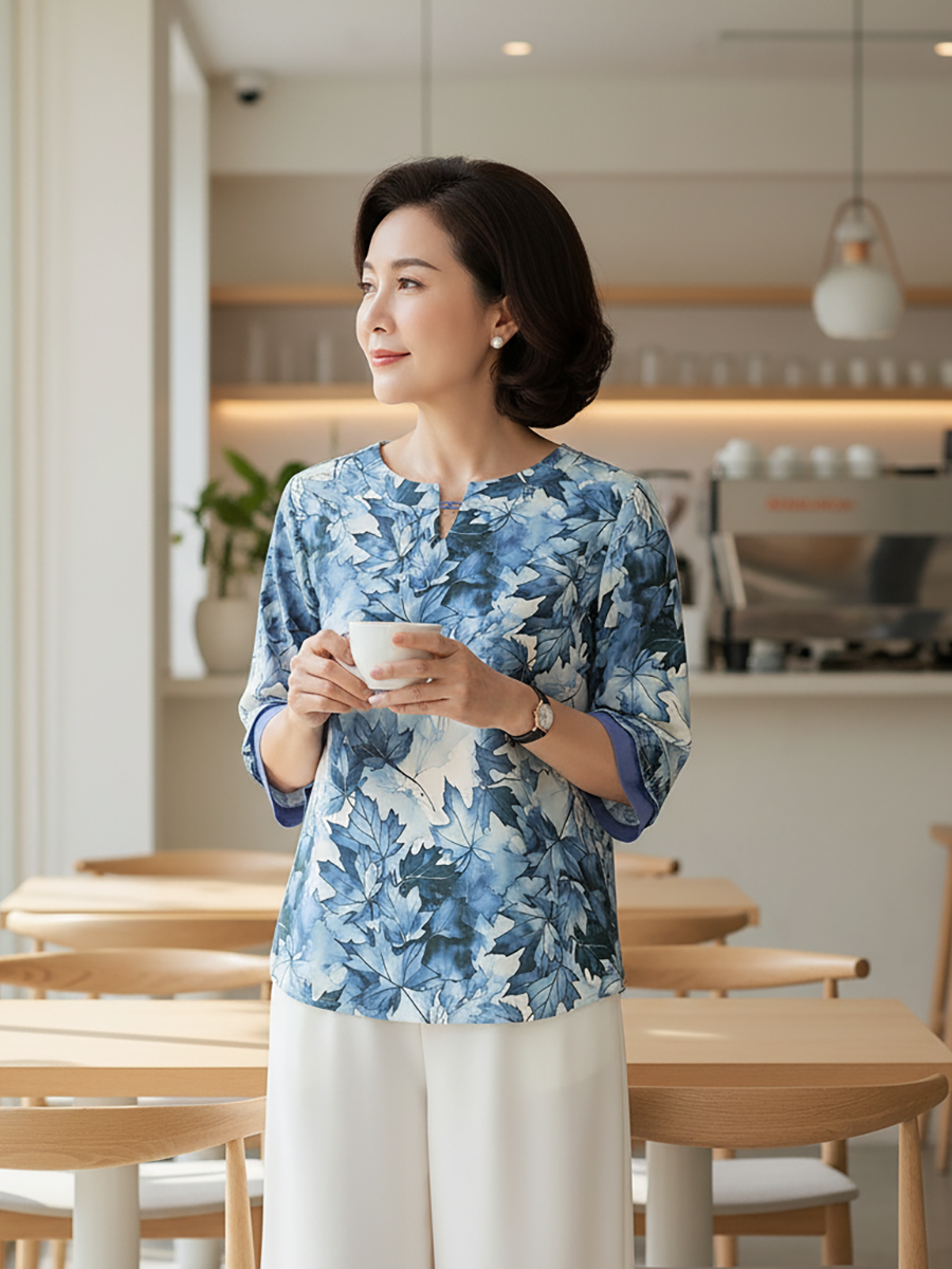  Hạnh - Áo kiểu cổ tròn xẻ cách điệu tay bèo lửng chất liệu lụa Canvan in họa tiết lá 4424/4.431 