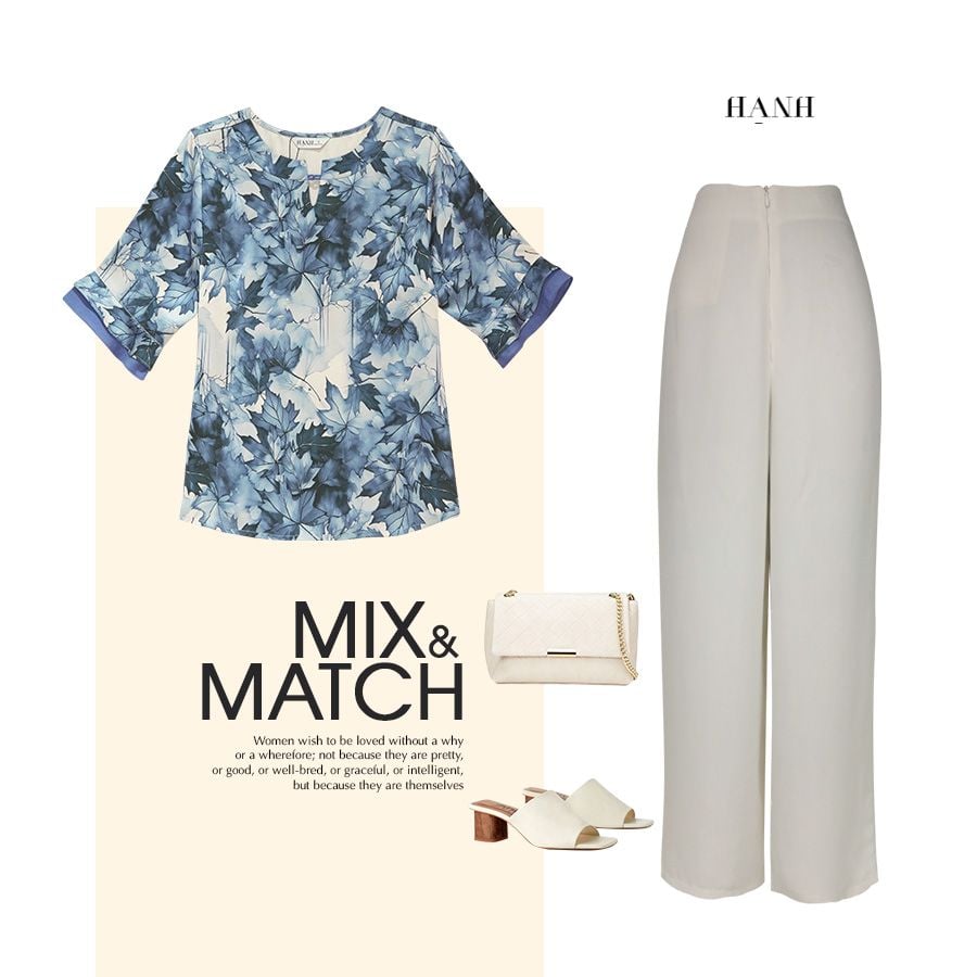  Hạnh - Áo kiểu cổ tròn xẻ cách điệu tay bèo lửng chất liệu lụa Canvan in họa tiết lá 4424/4.431 