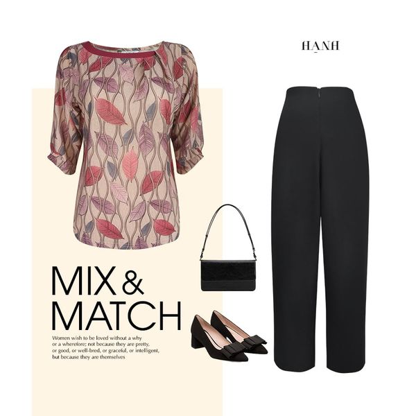  Hạnh - Áo kiểu trung niên cổ tròn phối xếp li tay lửng chất liệu cotton họa tiết 4425 