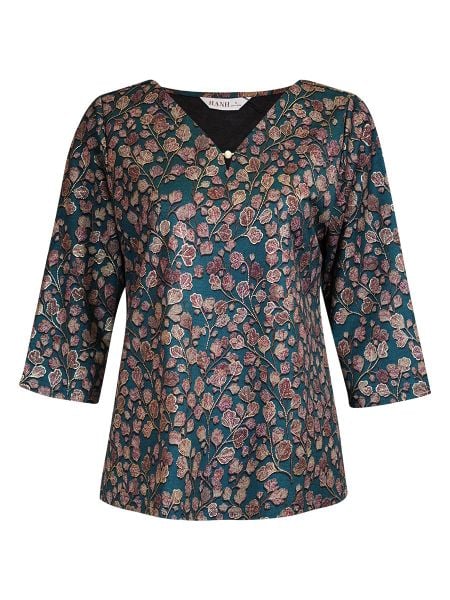  HẠNH - Áo kiểu cổ V đính ngọc trai chất liệu cotton thun in họa tiết lá 4432/5.436 