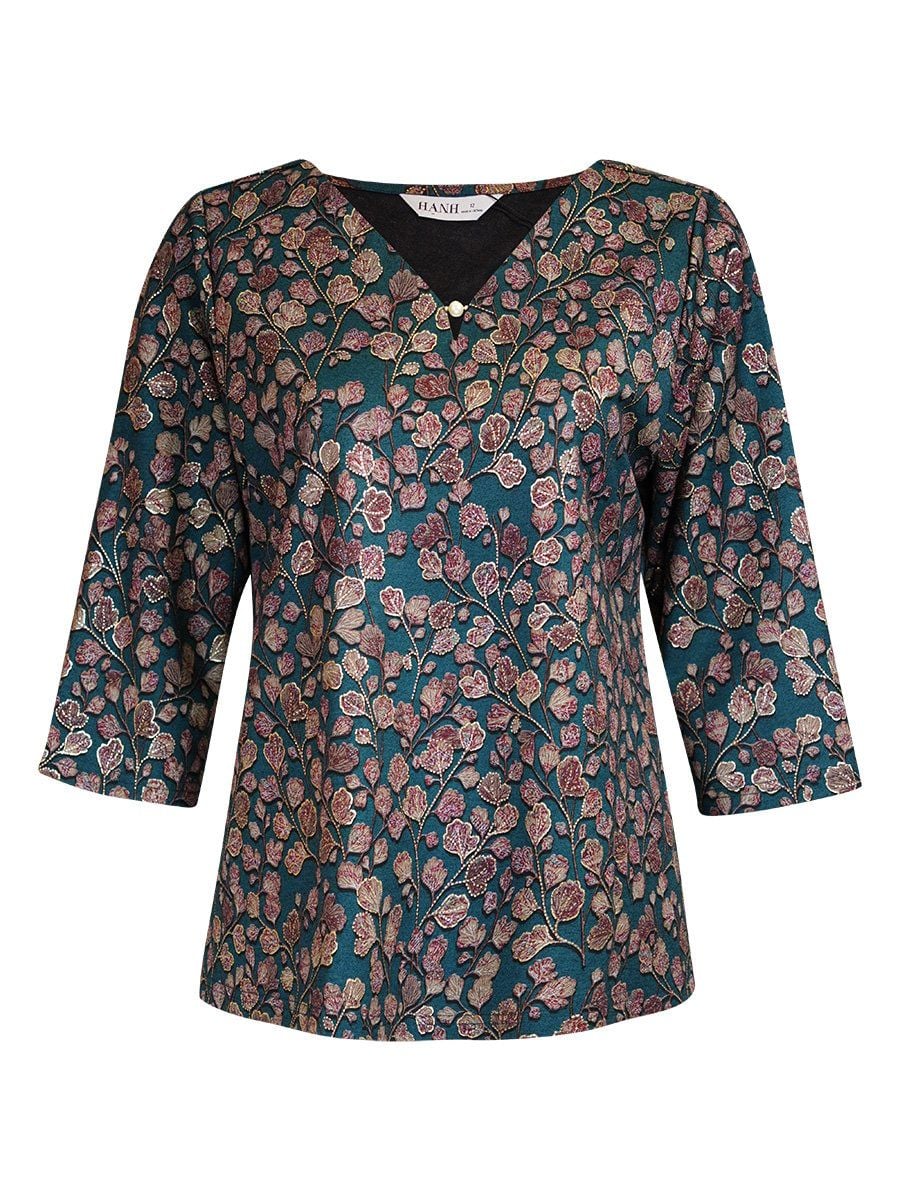  HẠNH - Áo kiểu cổ V đính ngọc trai chất liệu cotton thun in họa tiết lá 4432/5.436 