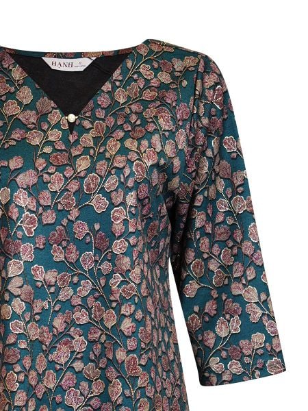  HẠNH - Áo kiểu cổ V đính ngọc trai chất liệu cotton thun in họa tiết lá 4432/5.436 