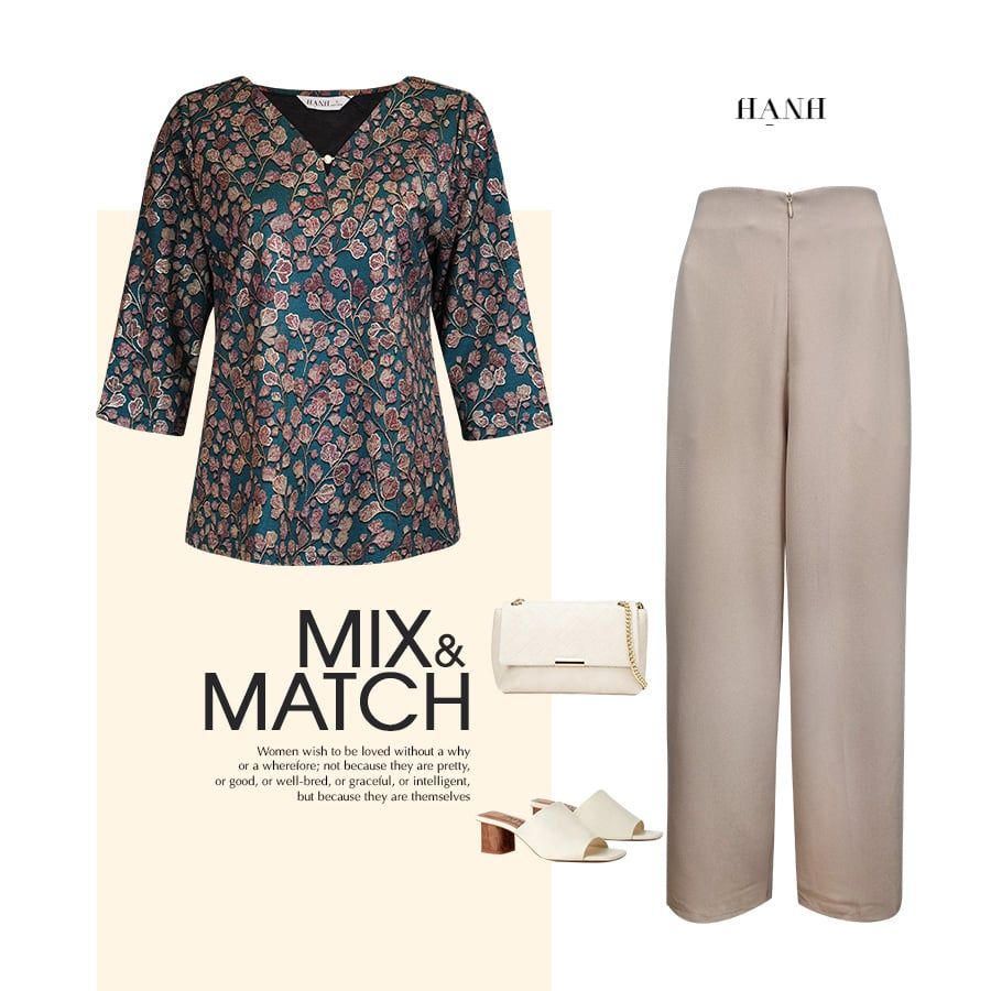  HẠNH - Áo kiểu cổ V đính ngọc trai chất liệu cotton thun in họa tiết lá 4432/5.436 