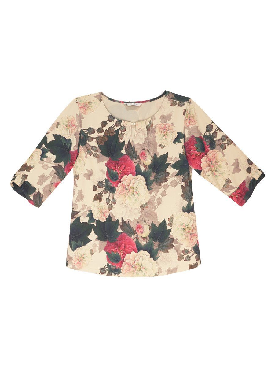  Hạnh Áo cổ tròn xẻ V kết hạt châu, in hoa tiết hoa, tay lửng cách điệu 4433/5.301 