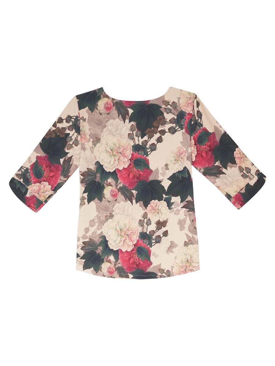  Hạnh Áo cổ tròn xẻ V kết hạt châu, in hoa tiết hoa, tay lửng cách điệu 4433/5.301 