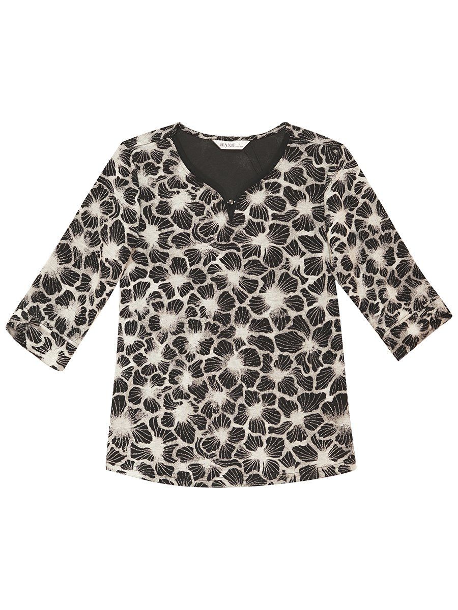  Hạnh - Áo kiểu trung niên cổ tim tay lỡ chất liệu cotton in họa tiết 4437/5.114 