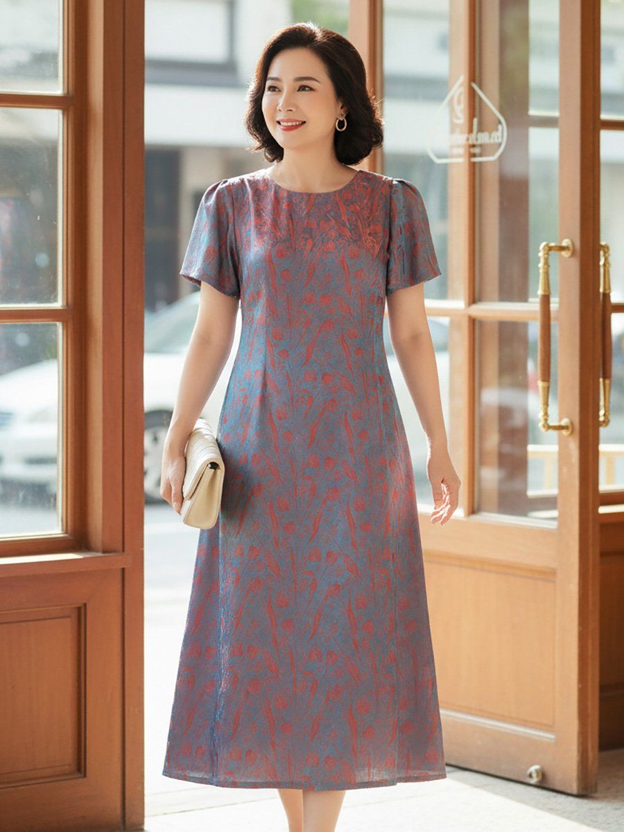  Hạnh - Đầm suông trung niên cổ tròn tay ngắn chất liệu gấm in họa tiết 5605/5.343/5.217 