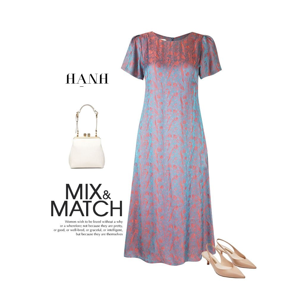  Hạnh - Đầm suông trung niên cổ tròn tay ngắn chất liệu gấm in họa tiết 5605/5.343/5.217 