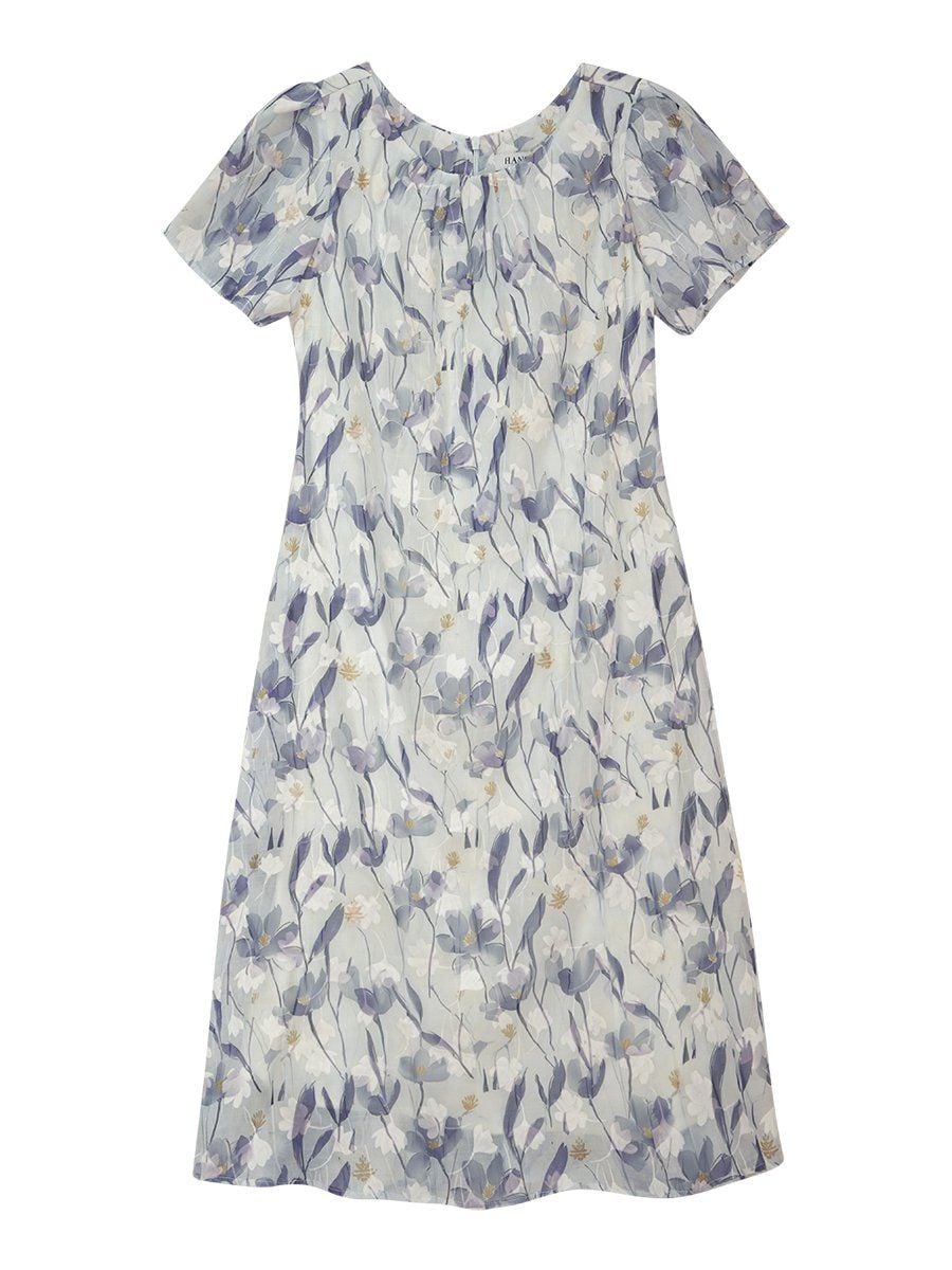  Hạnh - Đầm suông cổ tròn tay ngắn chất liệu voan tơ dập in họa tiết 5606/5.375 