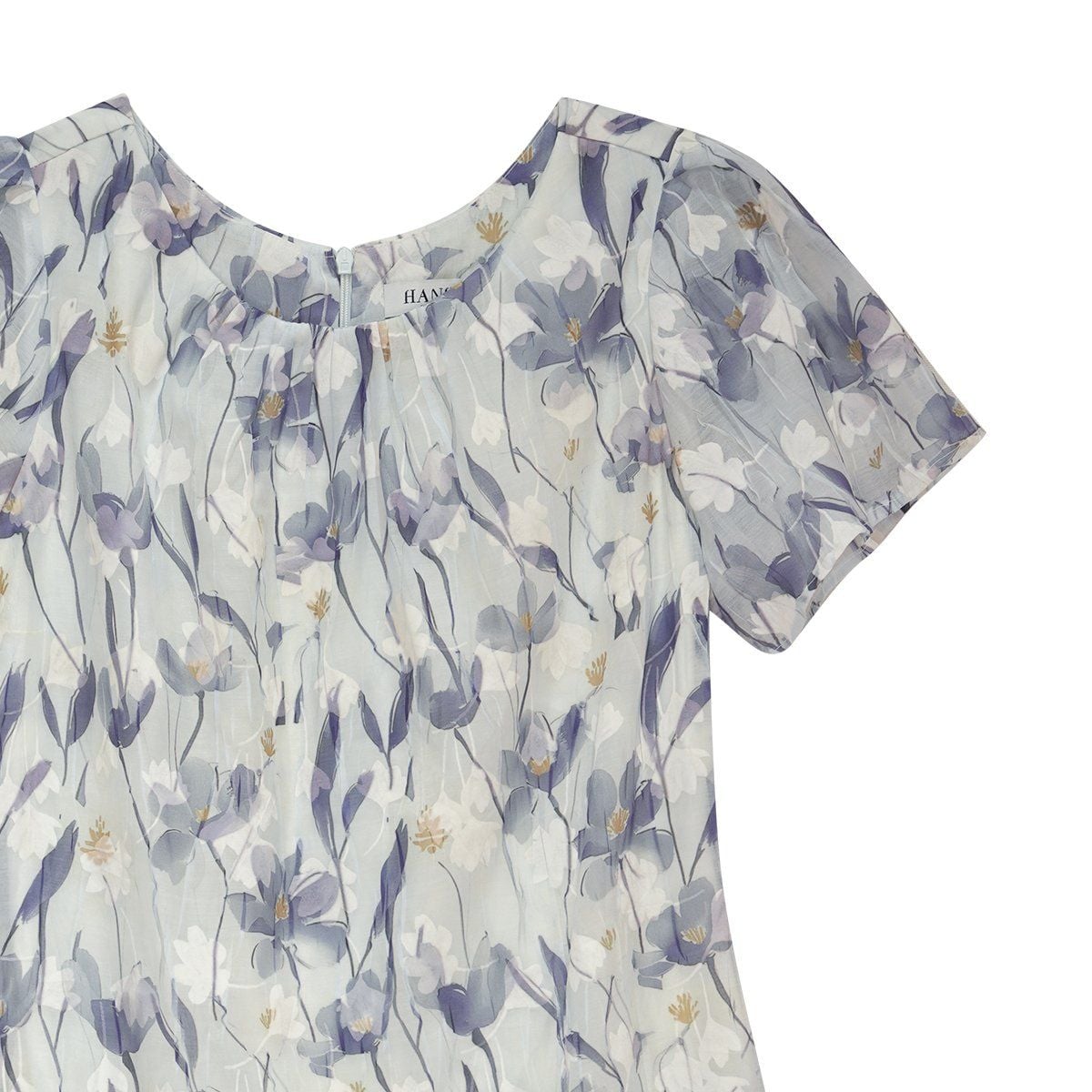  Hạnh - Đầm suông cổ tròn tay ngắn chất liệu voan tơ dập in họa tiết 5606/5.375 