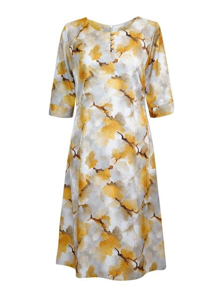  HẠNH - Đầm suông cổ tròn đính nút bọc chất liệu lụa mẫu đơn 5609/5.486 