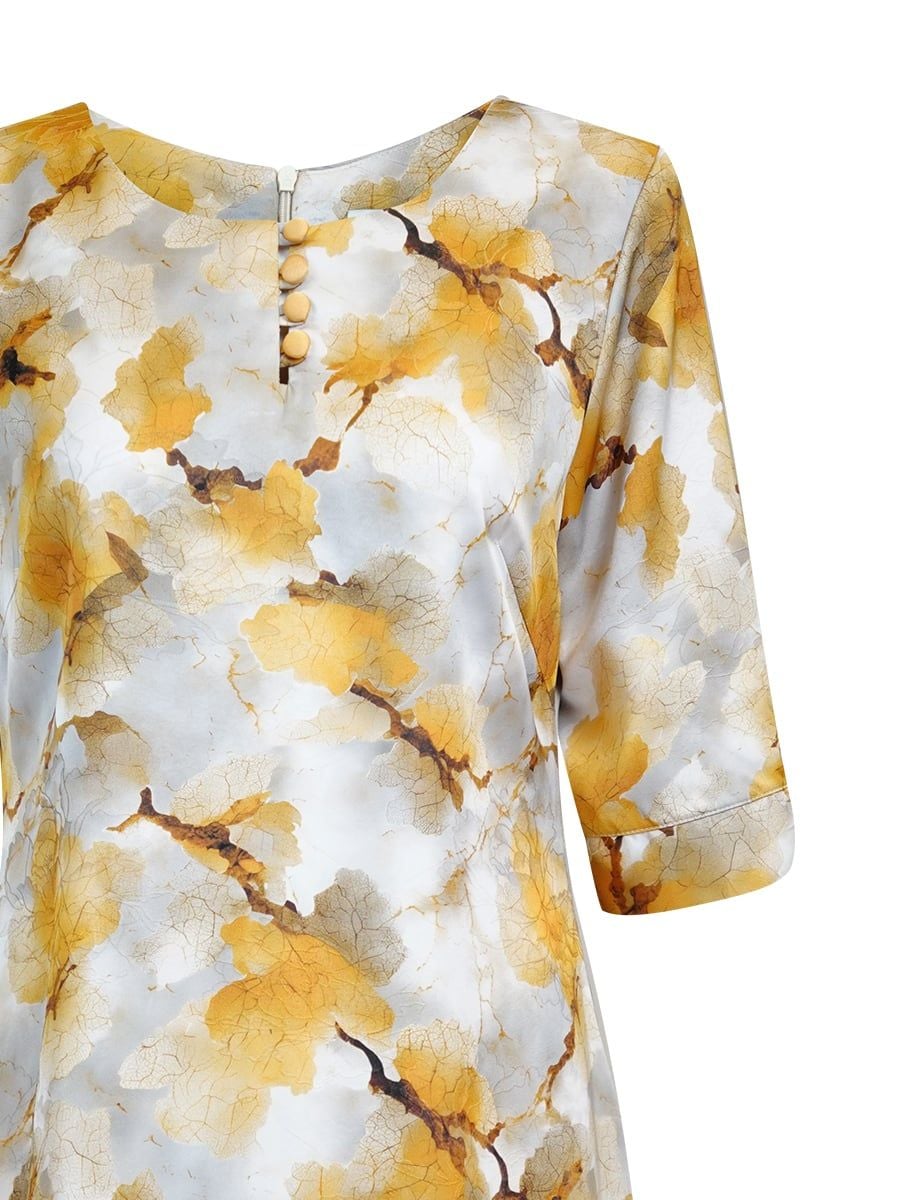  HẠNH - Đầm suông cổ tròn đính nút bọc chất liệu lụa mẫu đơn 5609/5.486 