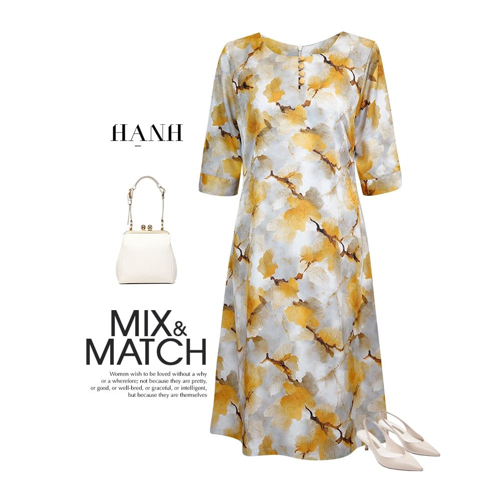  HẠNH - Đầm suông cổ tròn đính nút bọc chất liệu lụa mẫu đơn 5609/5.486 