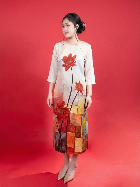  HẠNH - Đầm phom dài cổ tròn đính nút bọc tay lỡ chất liệu lụa canvan 5610/5.522 