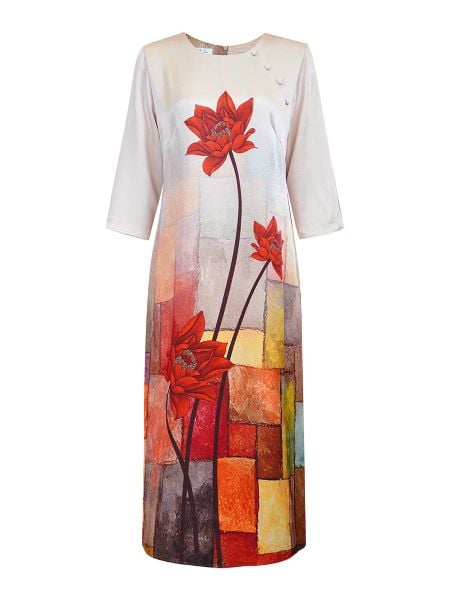  HẠNH - Đầm phom dài cổ tròn đính nút bọc tay lỡ chất liệu lụa canvan 5610/5.522 