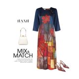  HẠNH - Đầm kiểu dáng dài phom suông cổ tròn đính nút bọc chất liệu lụa Canvan in họa tiết 5610/5.523 