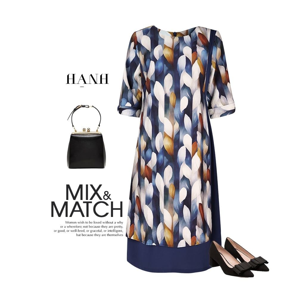  HẠNH - Đầm suông hai lớp cổ tròn tay lỡ chất liệu cotton dập nhún phối lụa 5614/5.406 