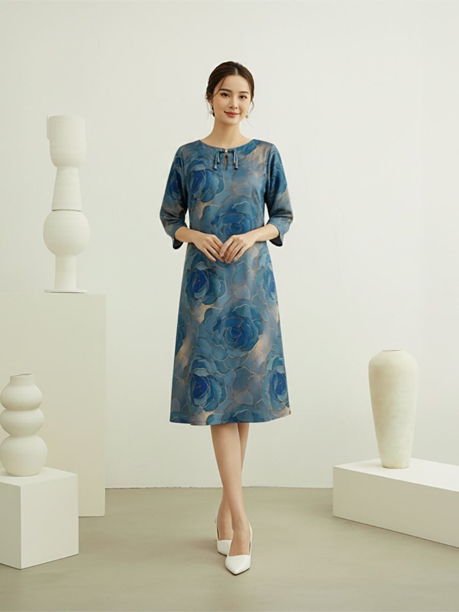  HẠNH - Đầm suông cổ tròn tay lỡ chất liệu lụa Mẫu Đơn 5616/5.441 