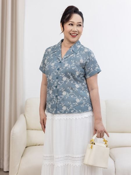  Hạnh Áo sơ mi thêu họa tiết hoa, tay ngắn 5408/5.98 
