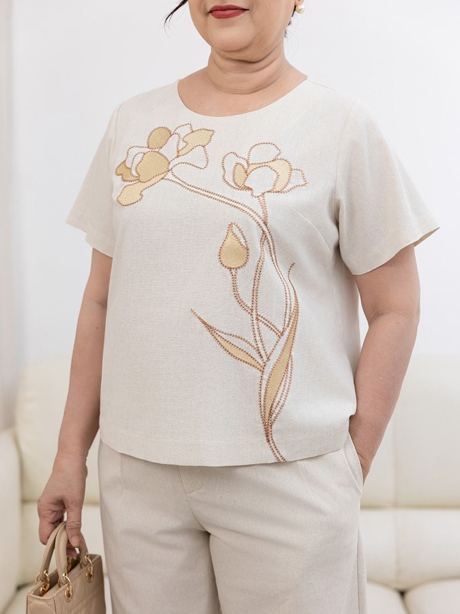  Hạnh Áo cổ tròn thêu họa tiết thêu, tay ngắn 3413/5.238 