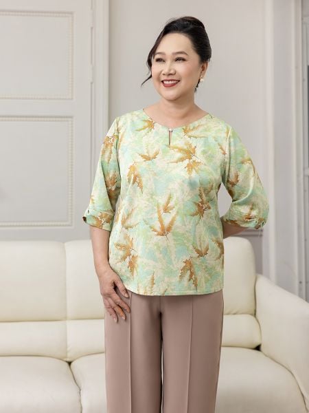  Hạnh Áo cổ xẻ V kết hạt, họa tiết lá thu, tay lửng cách điệu 4434/5.262 