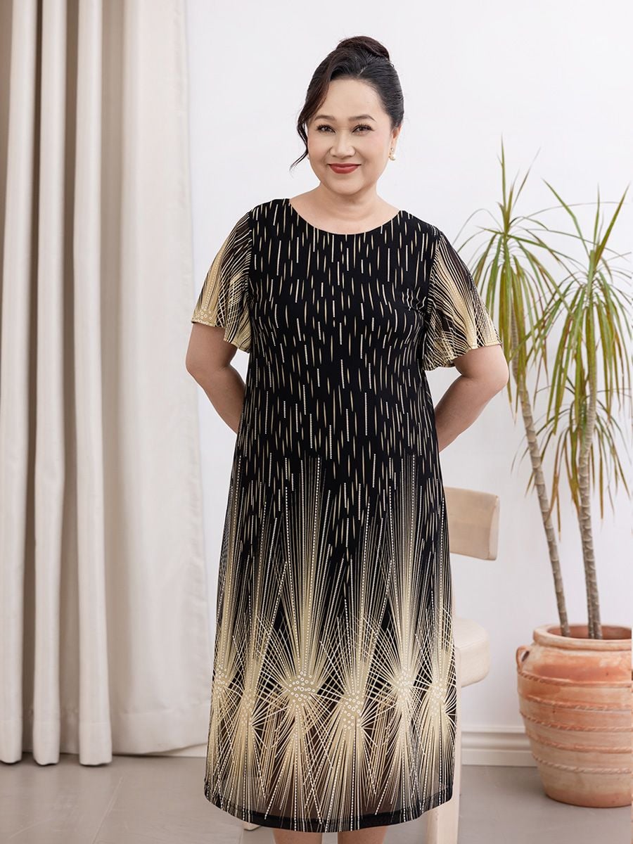  Hạnh Đầm thun suông cổ tròn họa tiết 3D , tay lửng 3629/5.264 