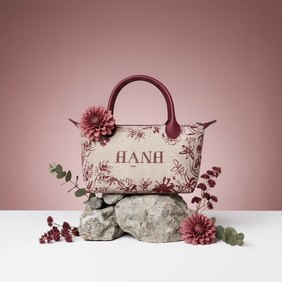  HẠNH - Túi xách chất liệu Đay quai da in logo Hạnh (Quà tặng) 