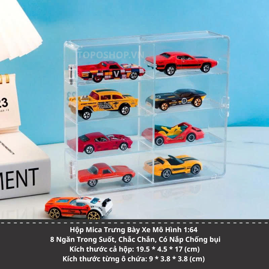  Hộp Mica Trưng Bày Xe Mô Hình 1:64 - 8 Ngăn Trong Suốt, Chắc Chắn, Có Nắp Chống bụi 