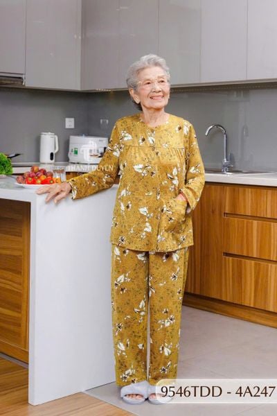 9546TDD Đồ bộ bông cho bà mặc nhà Thành Duyên chất liệu Thun cao cấp, cổ tròn, tay dài, quần dài (07-2024)