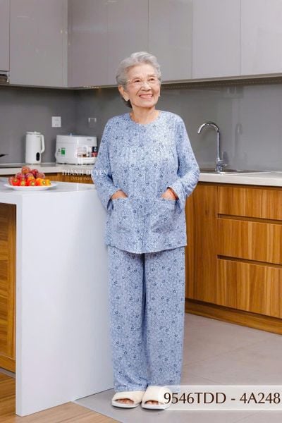 9546TDD Đồ bộ bông cho bà mặc nhà Thành Duyên chất liệu Thun cao cấp, cổ tròn, tay dài, quần dài (07-2024)