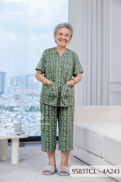 9583TCL -  Đồ bộ bông cho bà mặc nhà Thành Duyên chất liệu Thun cao cấp, cổ tàu, tay ngắn, quần lửng(4G)
