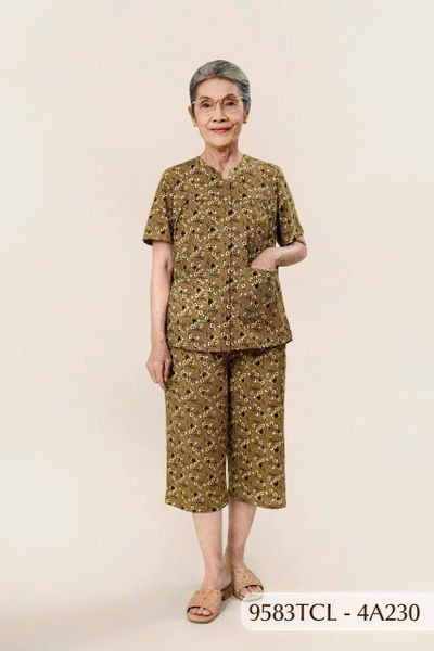9583TCL -  Đồ bộ bông cho bà mặc nhà Thành Duyên chất liệu Thun cao cấp, cổ tàu, tay ngắn, quần lửng (2025)