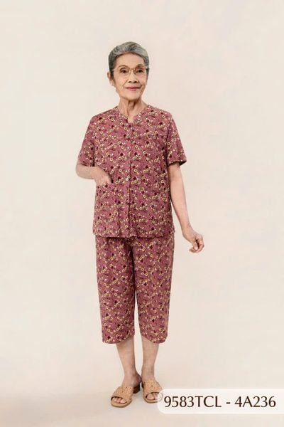 9583TCL -  Đồ bộ bông cho bà mặc nhà Thành Duyên chất liệu Thun cao cấp, cổ tàu, tay ngắn, quần lửng (2025)
